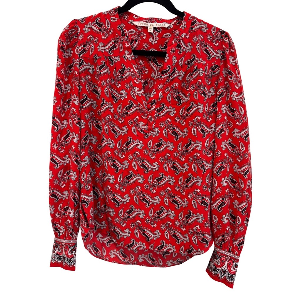 Veronica Beard Red Paisley 100% Silk Blouse V-Neck Long Sleeve Top Size 2 - Picture 2 of 8